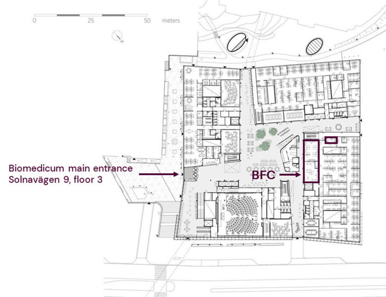 Floorplan showing where the core faciity is located on floor 3 in Biomedicum.