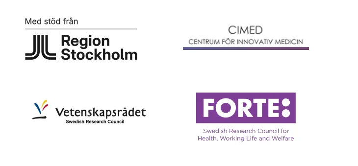 Logotyper för finansiärer till forskning om psykiatrisk tvångsvård: Region Stockholm, CIMED, Vetenskapsrådet och Forte.