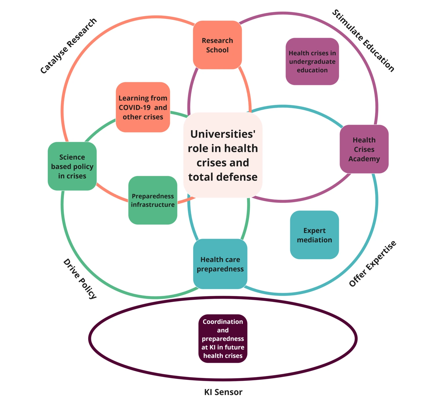 In the circles it says: learning from covid-19, Research school, health crises in undergraduate education, health crises academy, expert mediation, health care preparedness and