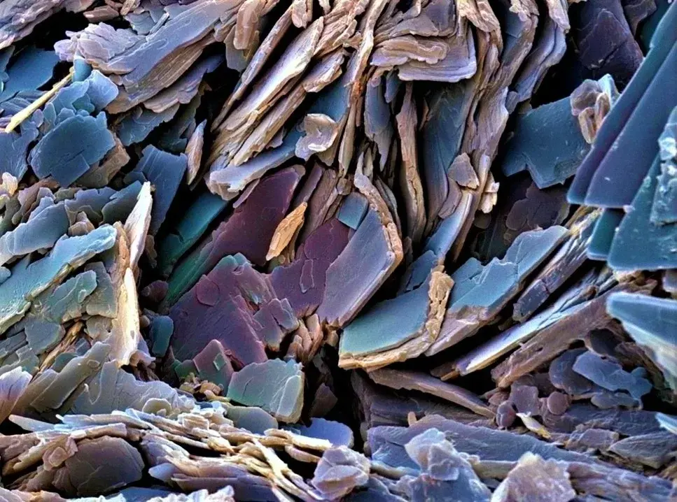 Colored scanning electron micrograph of a human gallstone looks like gray slate. Photo: Maximilian Ackermann