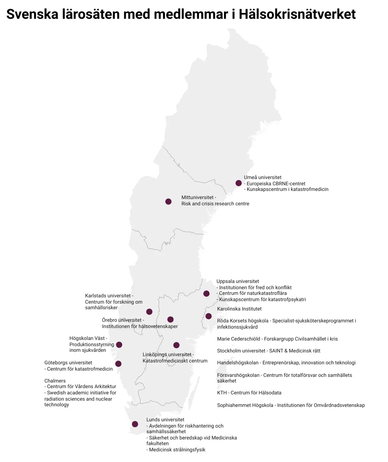 Map of Sweden showing where the universities that are part of the Health Crises Network are located