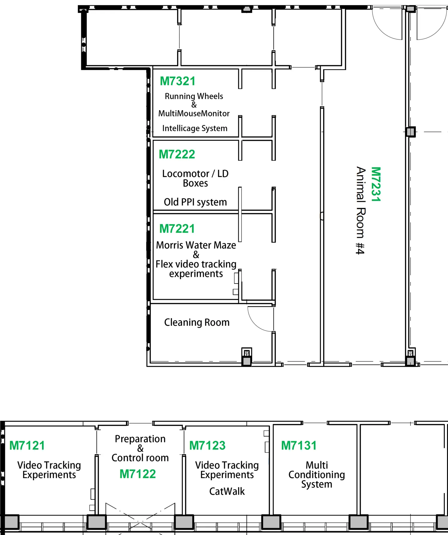 Map of ABCF behavioural rooms for mice.
