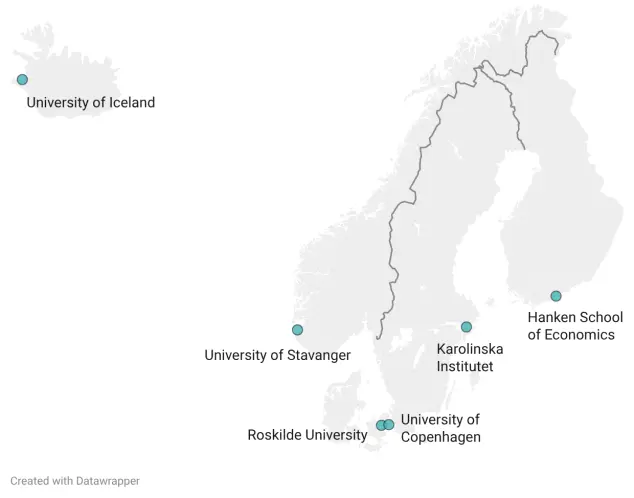 Karta över Norden med punkter som visar var universiteten som ingår i Nordic Health Crises University Network