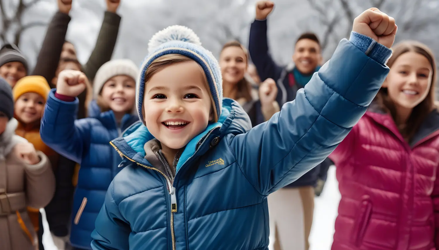 Bild av ett leende barn med handen i luften med andra barn i bakgrunden - generad av AI (Wepik),
