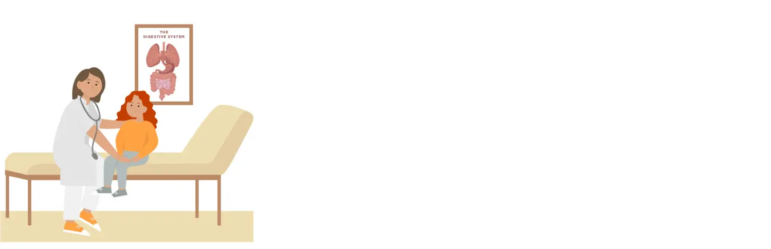 En illustration där ett barn sitter på en bädd hos doktorn och blir undersökt.