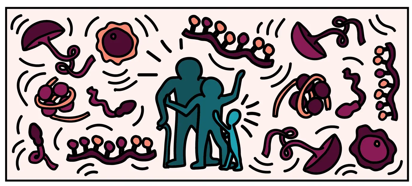 pink illustration with people and molecules