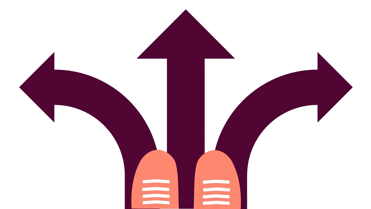 Tre arrows and a pair of shoes. The shoes are situated so that it seems that the person wearing them has the choice of three directons.