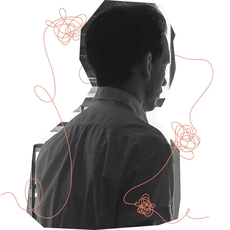 Svartvit bild av man bakifrån. En orange linje löper över bilden och bildar nystan på några ställen.