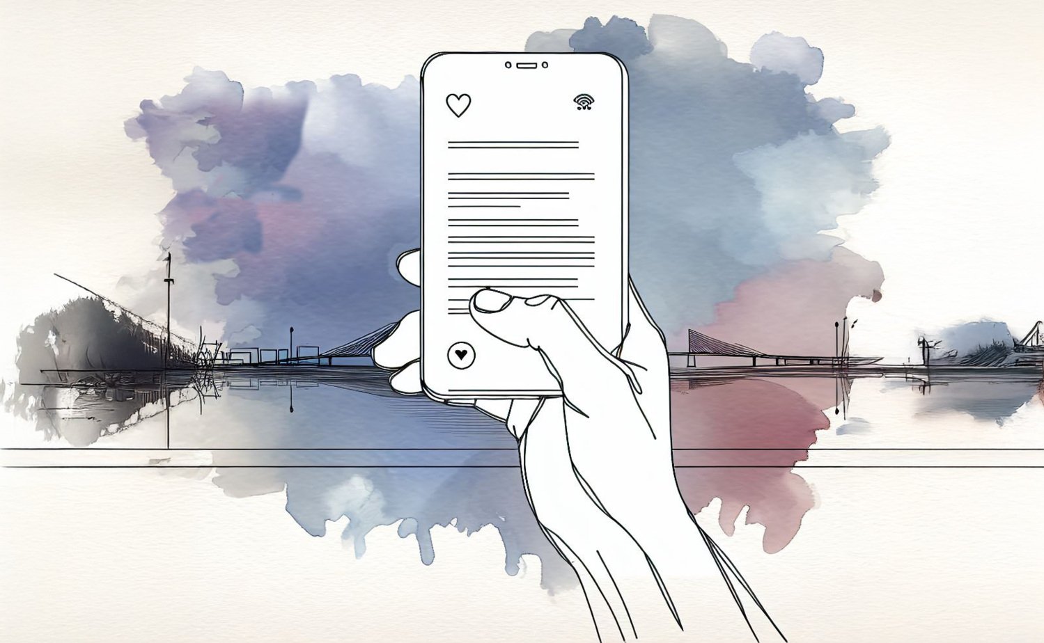 AI-genererad teckning föreställande en hand som håller i en telefon med text. I bakgrunden syns stadsmiljö.