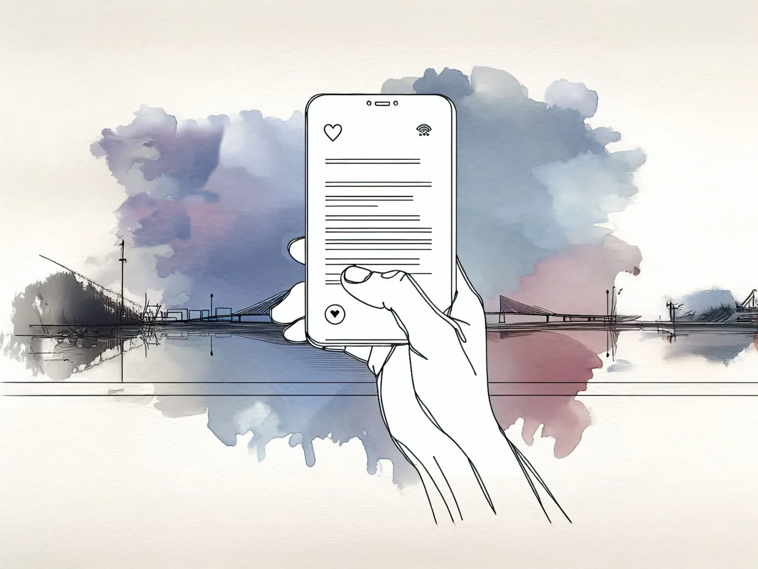 AI-genererad teckning föreställande en hand som håller i en telefon med text. I bakgrunden syns stadsmiljö.