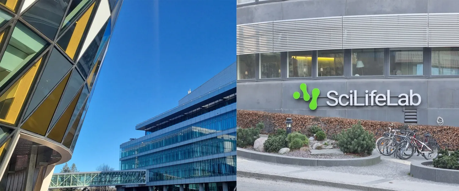 Bildkollage som visar vy mot BioClinicum samt foto av SciLifeLab-byggnad.