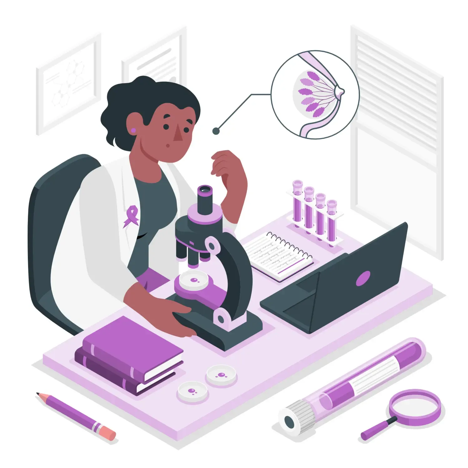 Illustration of a breast cancer researcher looking in a microscope