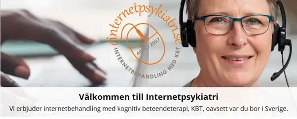 kvinna med headset och Internetpsykiatris logga