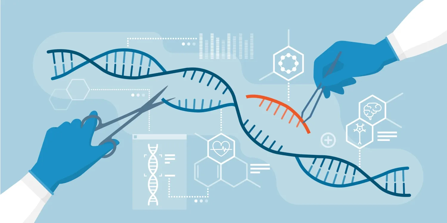 An illustrative picture of a gene sequence and two hands editing it.