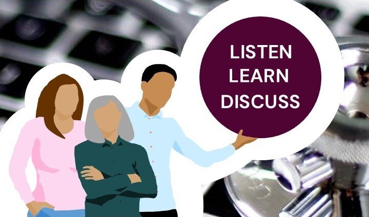 Tree people are pointing towards the words Listen, Learn, Discuss