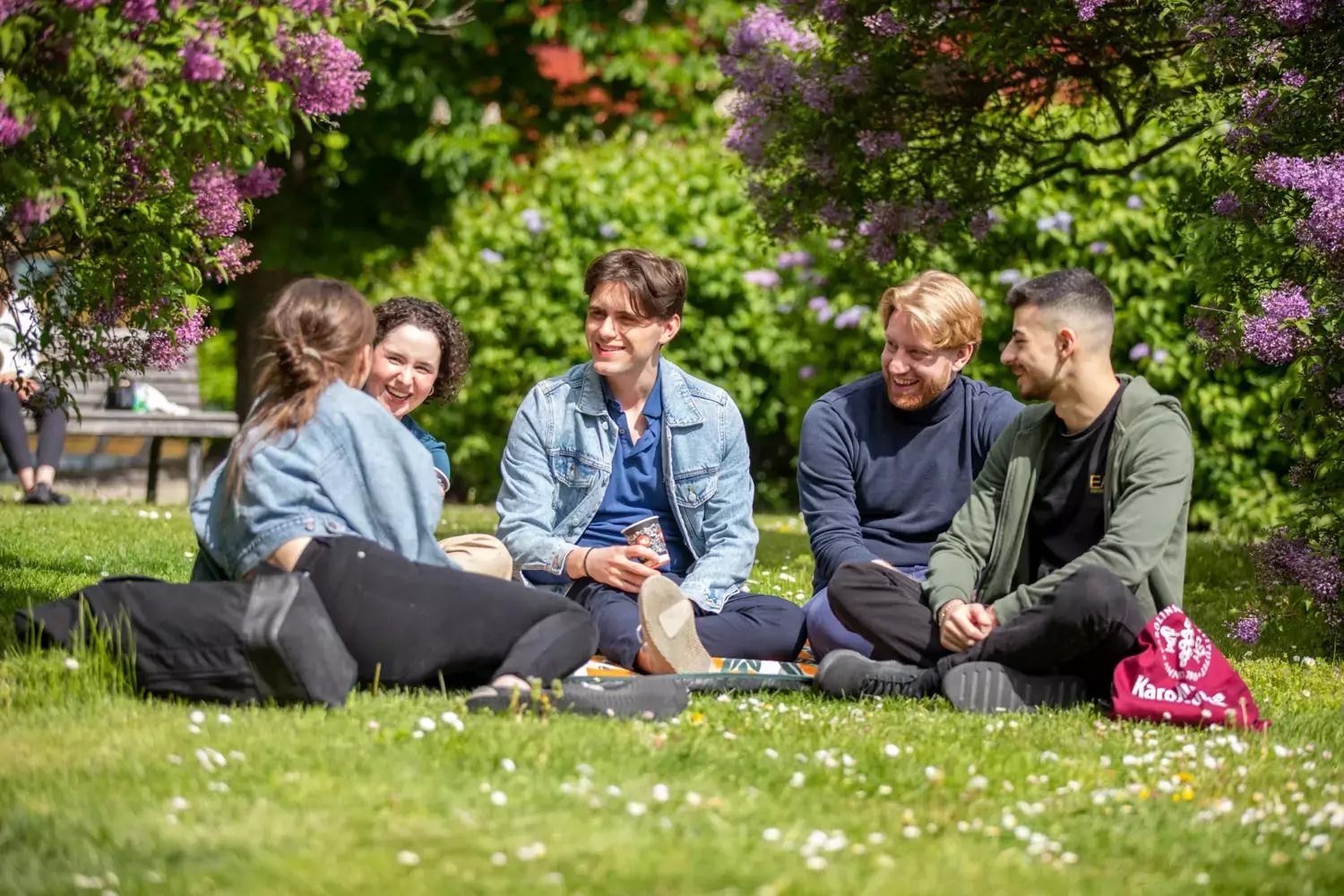 Four students sitting in the grass