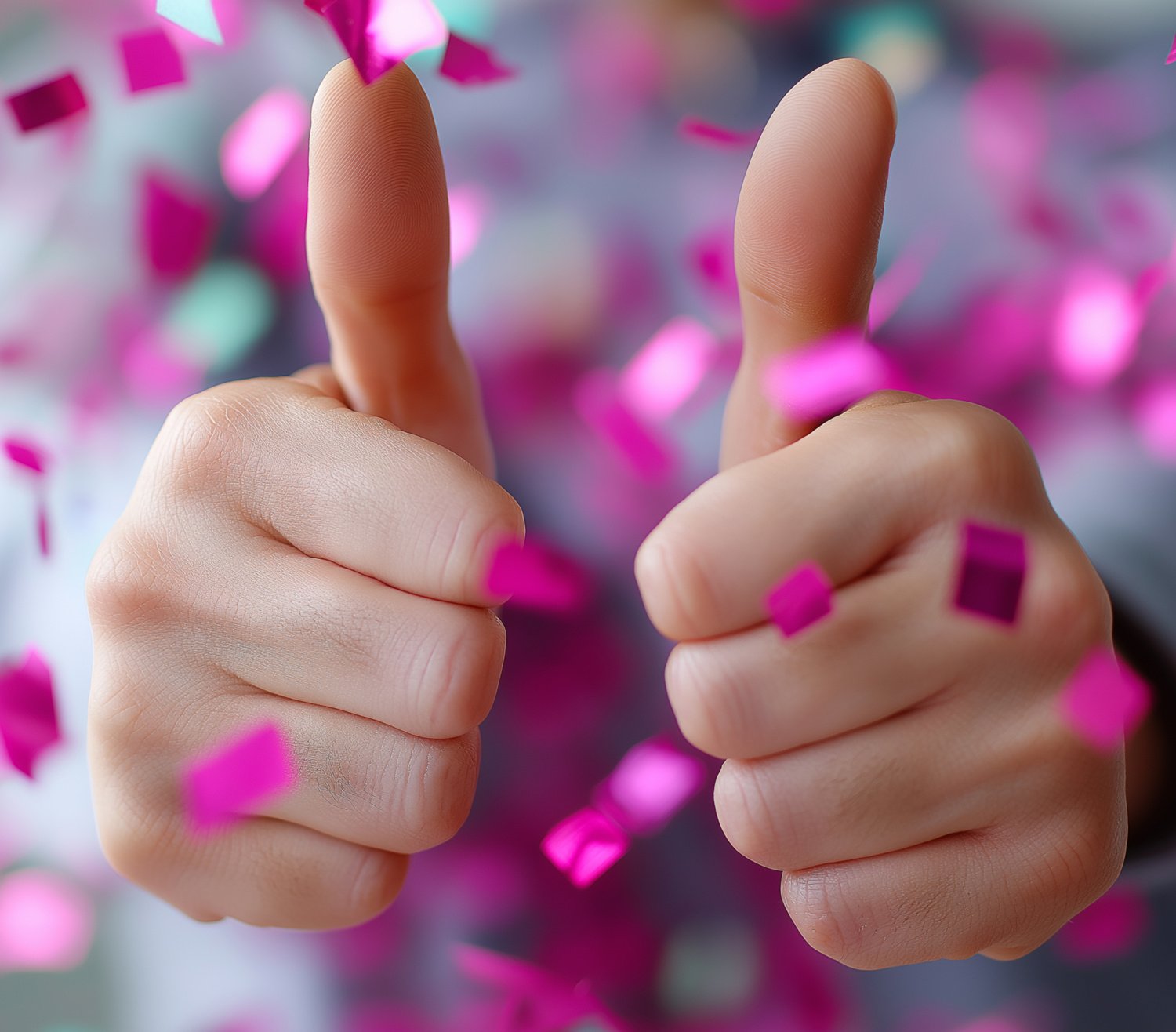 två tummar upp omgivet av konfetti