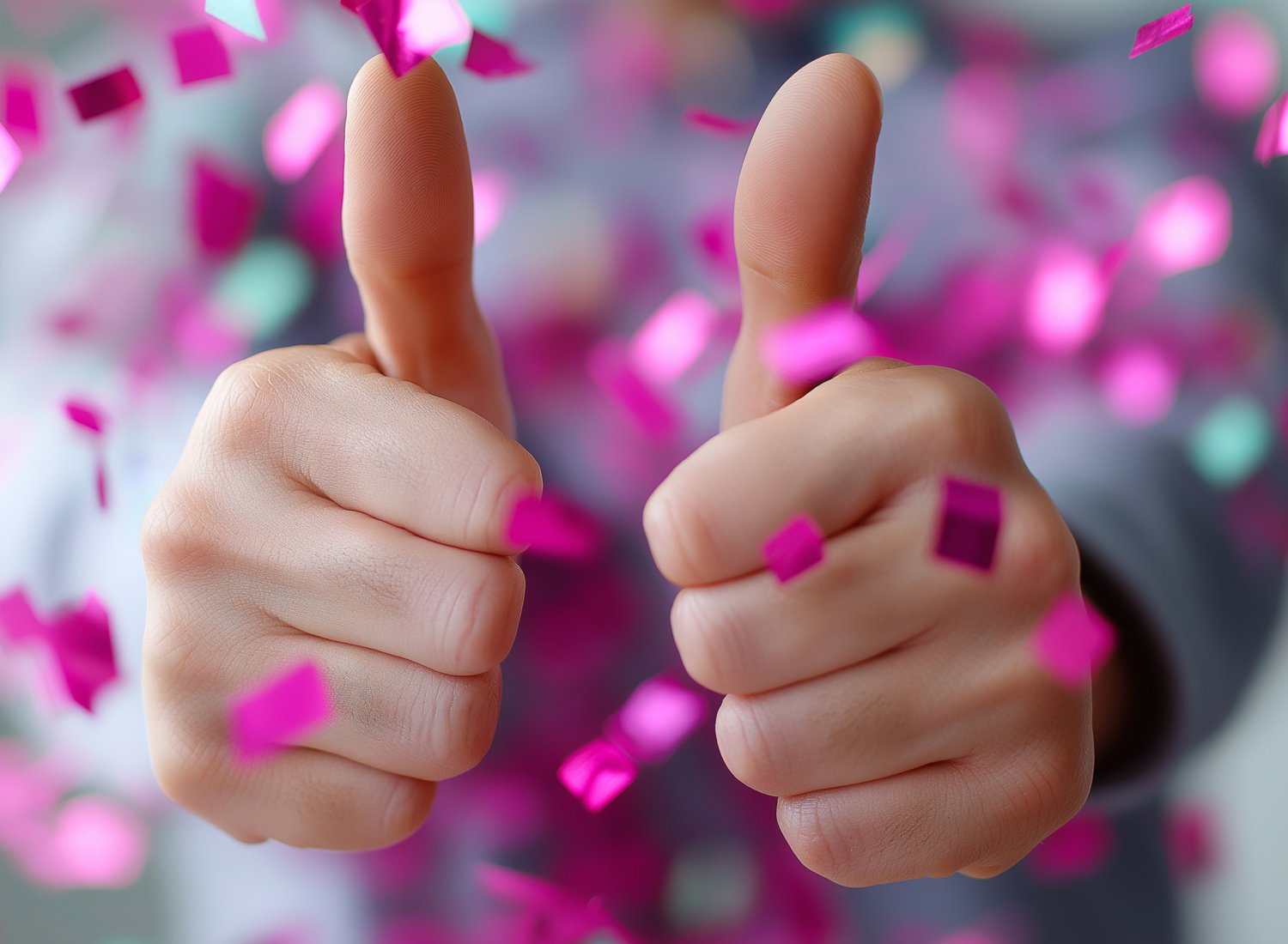 två tummar upp omgivet av konfetti