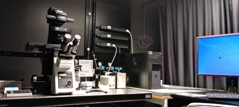 The Olympus IX73 widefield inverted microscope can take both colorimetric and fluorescence images from blue to far red dyes/fluorochromes.