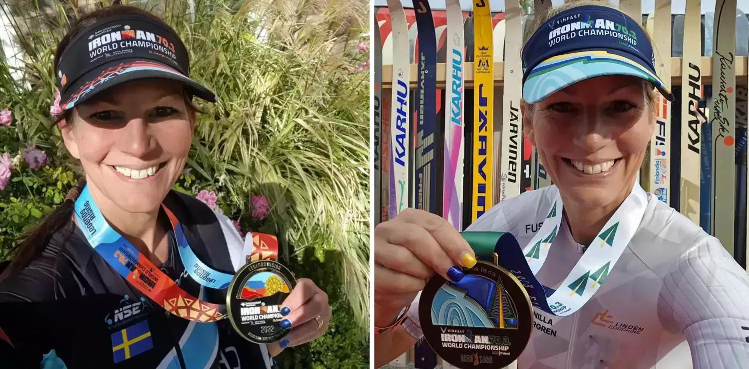 Kvinna i sportkläder med vm-medalj runt halsen