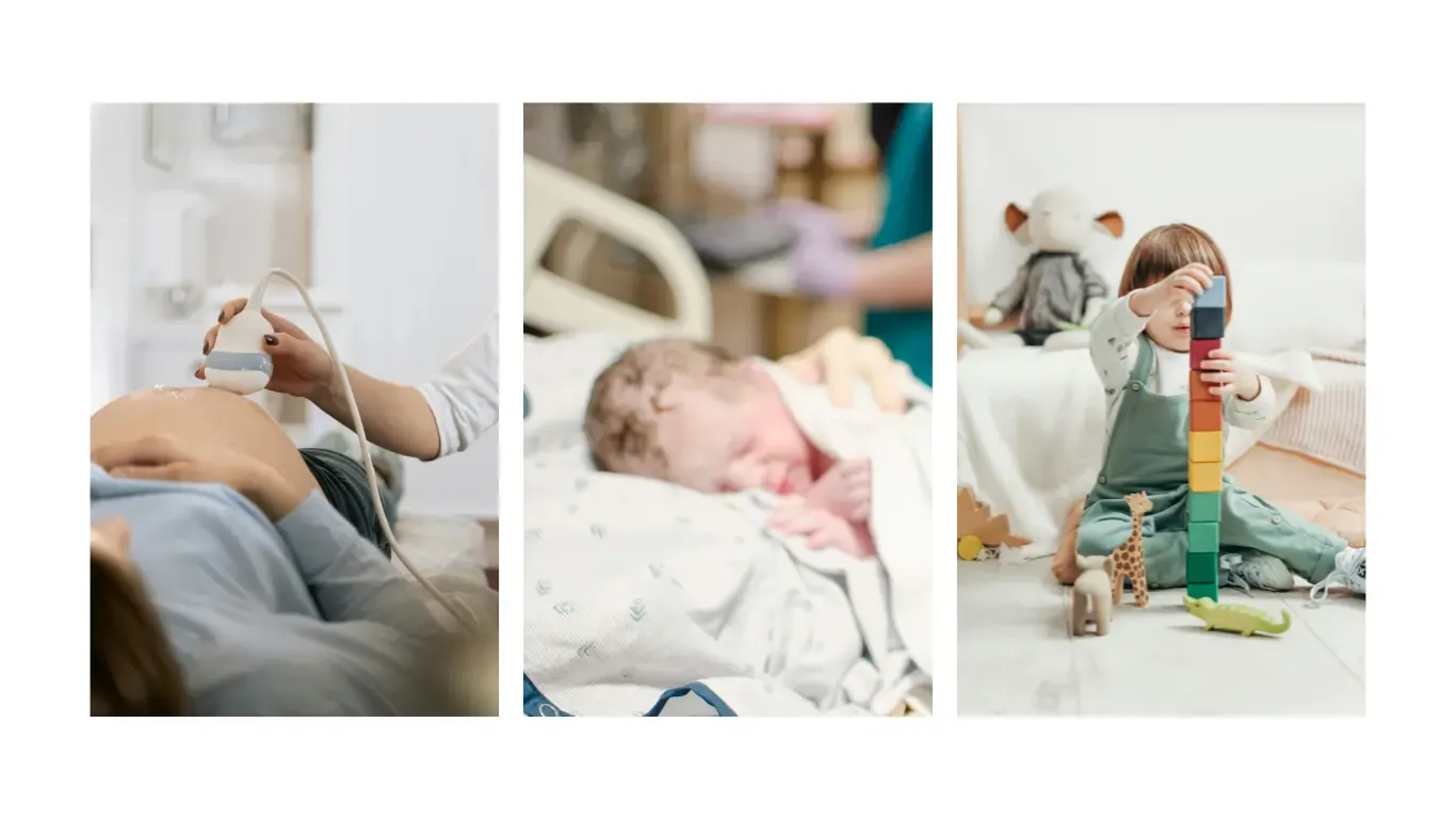 Pregnancy exam with ultrasound, newborn baby and a playing child