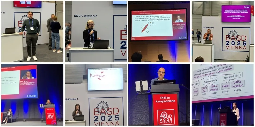 SRP Diabetes Travel grant awardees presenting at the EASD Meeting in Vienna, Sept. 2025. From left to right, and top to bottom: Andris Elksnis, Emmy Keysendal, Joaquín Ortiz de Zevallos, Kirstin MacGregor, Linn Glynn, Paola Pinto-Hernández, Stelios Karayi