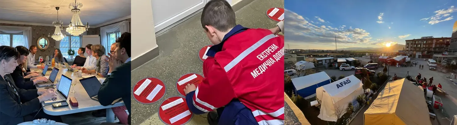 Serie av tre bilder, från vänster; personer sitter runt ett bord, man i uniform hukar sig och tittar på en röd platta, tält i solnedgång