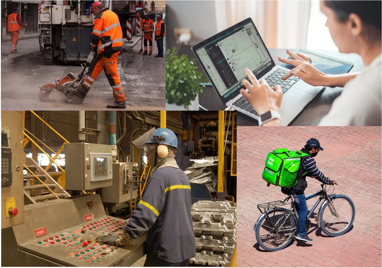 Four images of different work environments, both indoors and outdoors.
