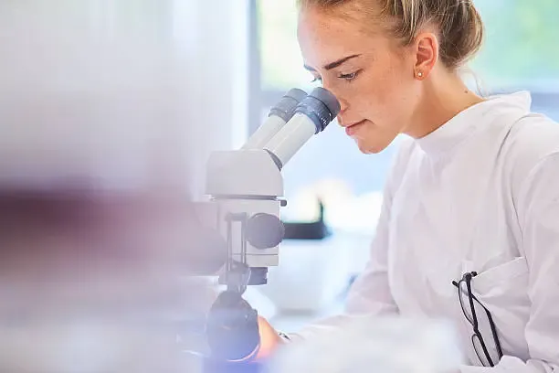 Researcher at microscope