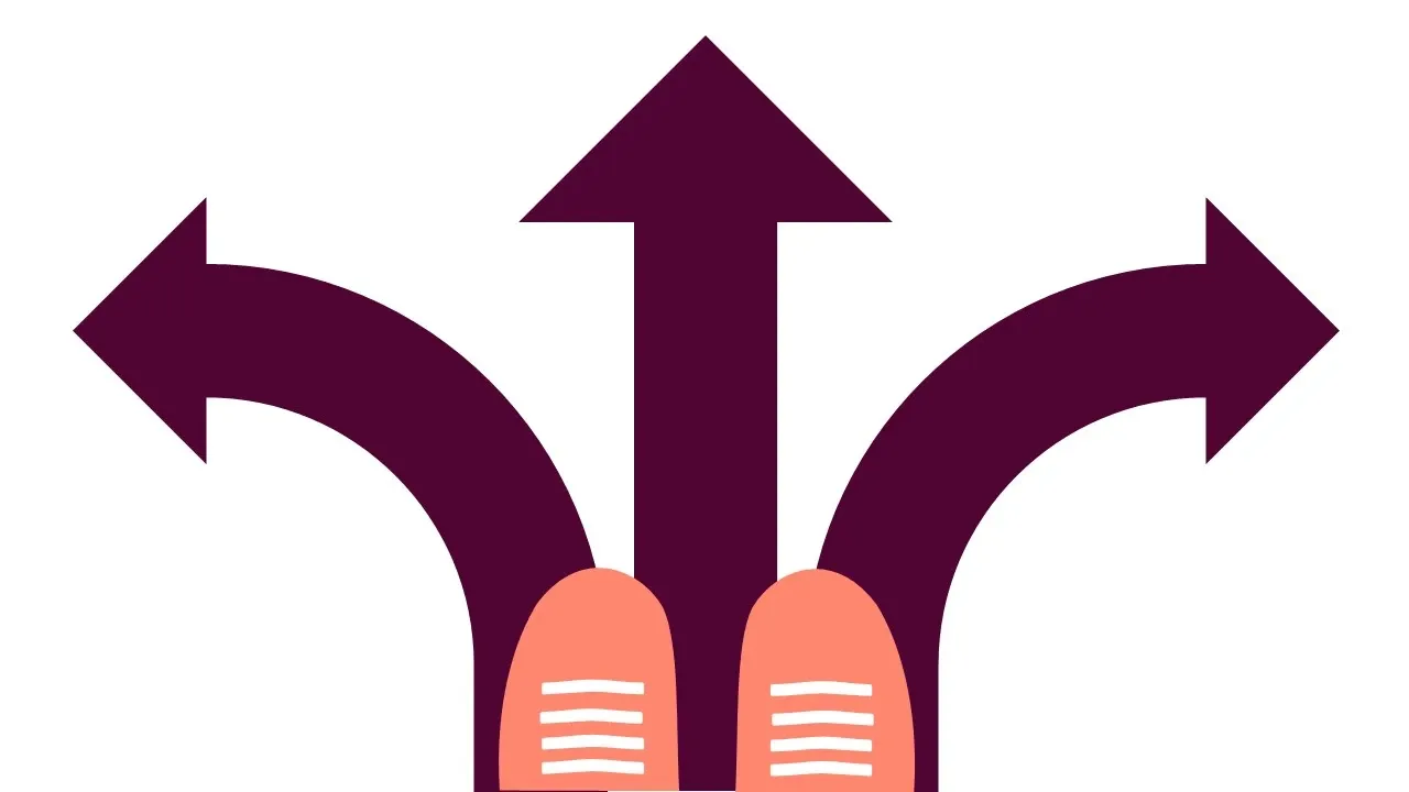 Tre arrows and a pair of shoes. The shoes are situated so that it seems that the person wearing them has the choice of three directons.