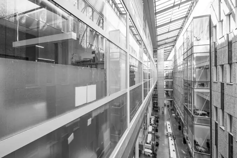 The building from the inside, picture taken from a glass bridge