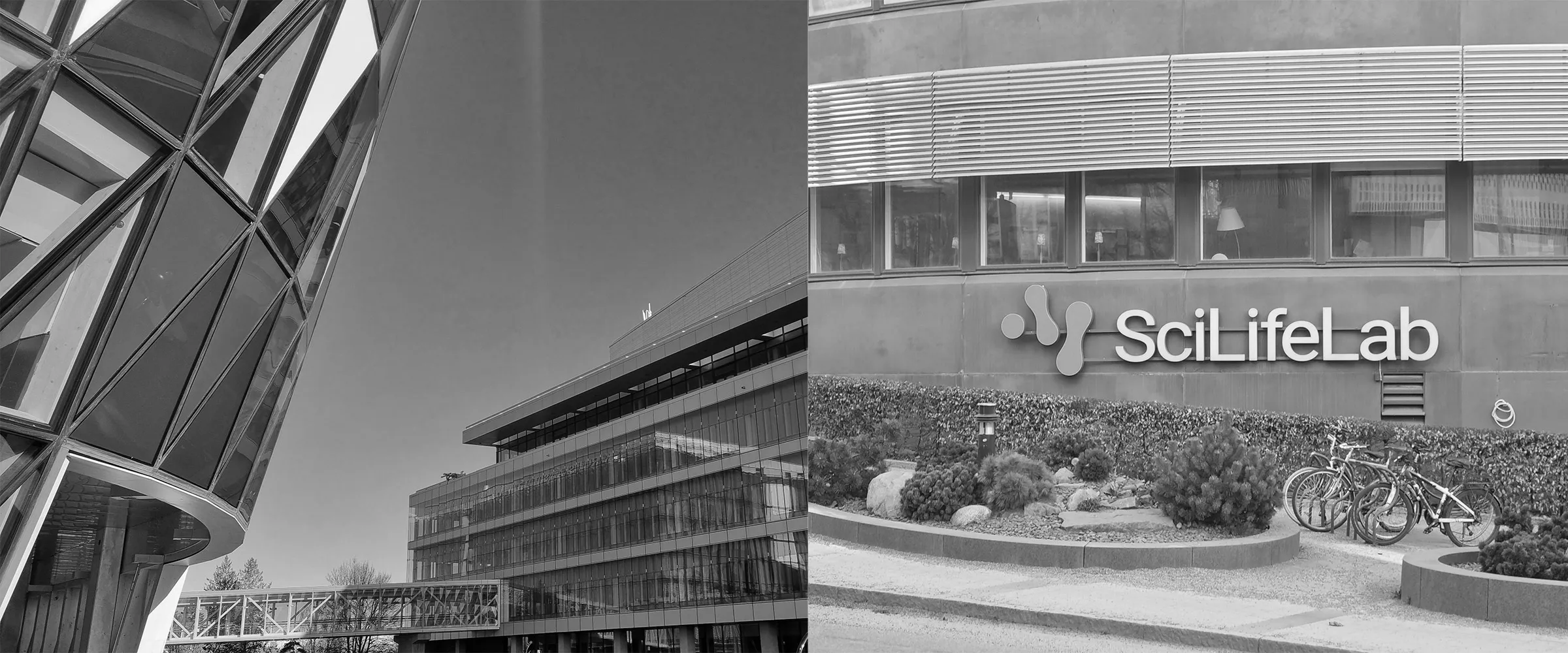 Photo collage showing a view towards BioClinicum and a photo of the SciLifeLab-sign.