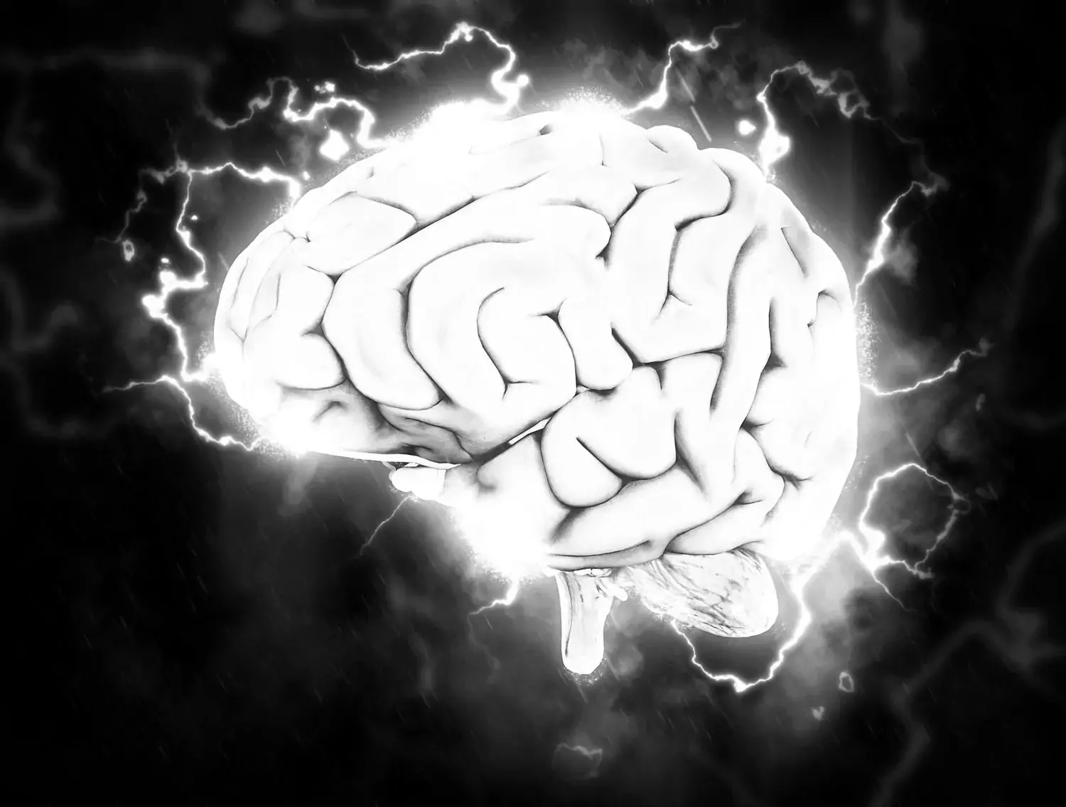 decorative image of white brain against dark background.