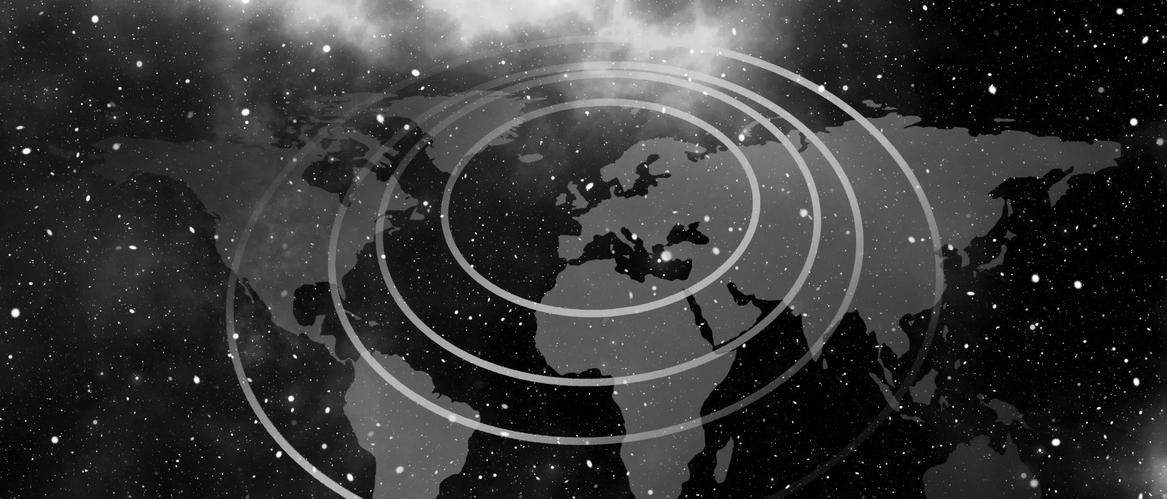 Decorative map image surrounded by space and with concentric circles drawn over the image.