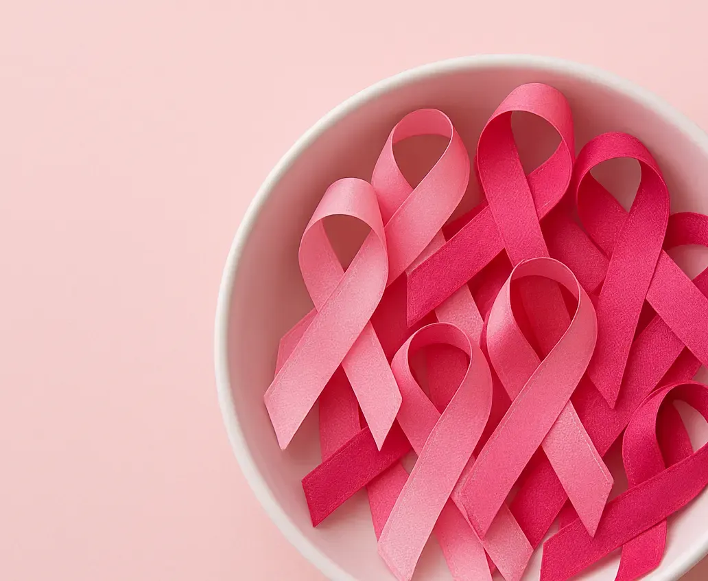 A bowl of pink ribbons for breast cancer research