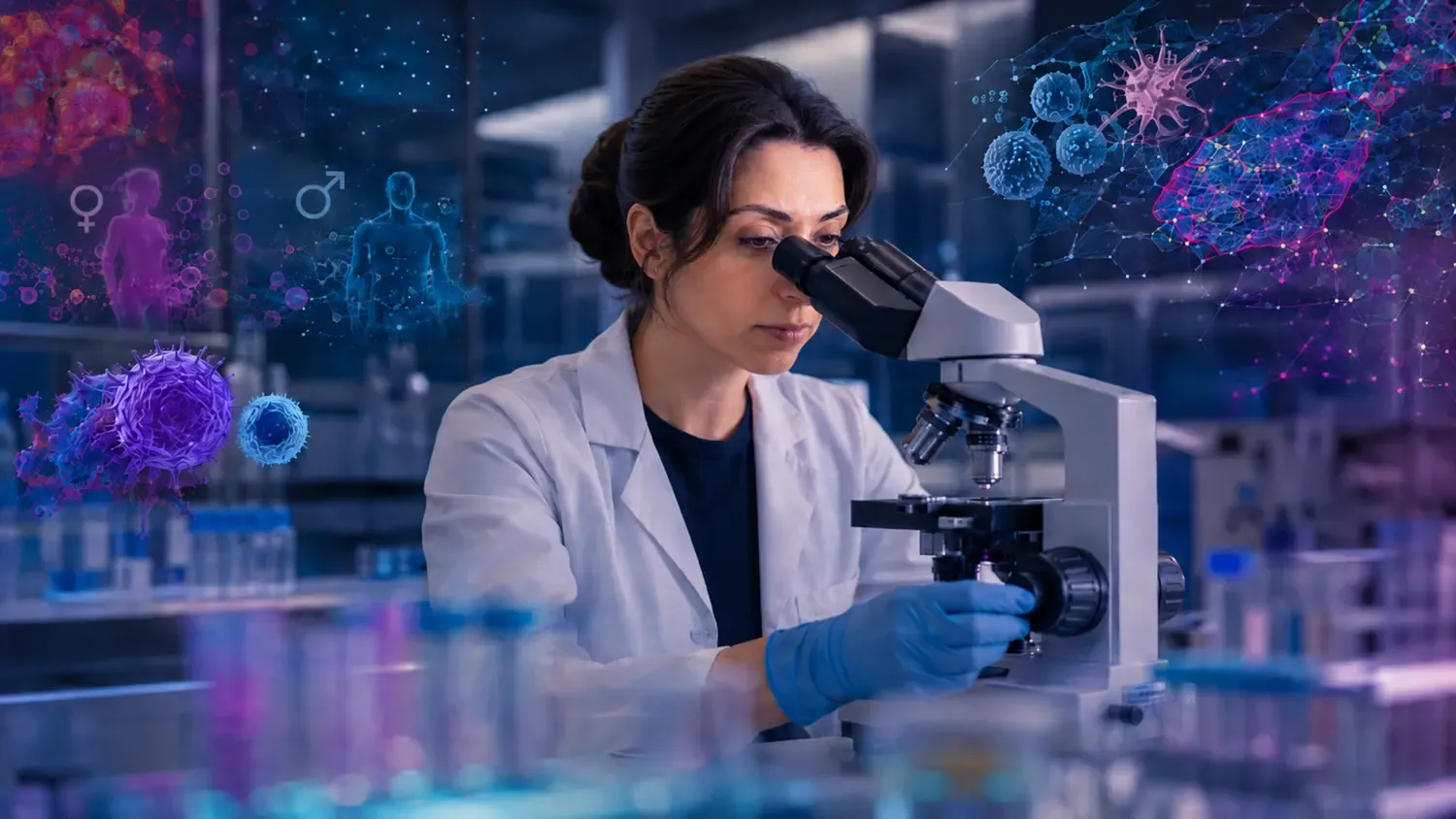 AI-generated image showing Dhifaf Sarhan, from the Department of Laboratory Medicine, sitting at her desk, working and looking through a microscope.