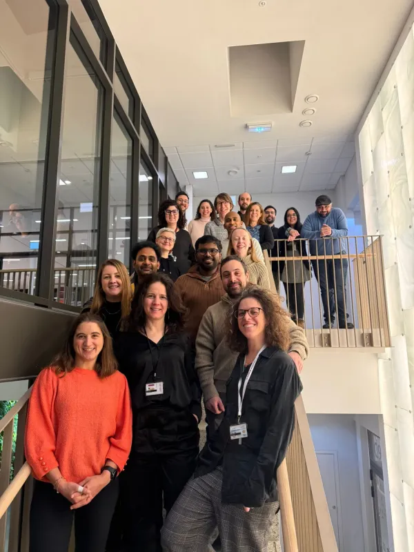 a group of people in a stairway
