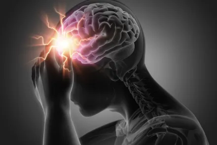 Dekorativt: Man med svår huvudvärk eller hjärnblödning – konceptuell konst – 3D-illustration – gråskalebild