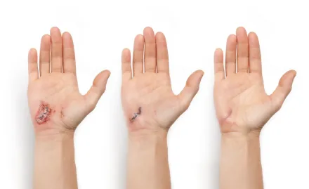 Three hands in a row: the first with a bloody wound, the second with a partially healed wound, and the third almost fully healed with a small scar.