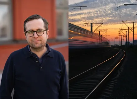 Halva bilden är ett porträtt av Johan Fredin Knutzén. Andra halvan är en bild på ett tåg i hög hastighet i en solnedgång.