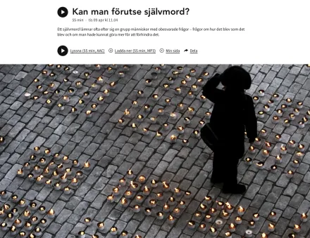 Skärmavbild på avsnittsinformation från SR P1 Kropp & Själ – Kan man förutse självmord?