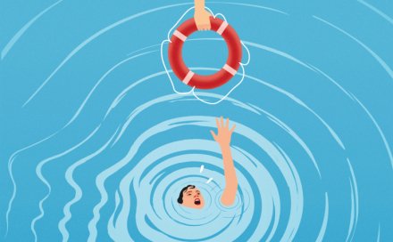 Illustration of a person in the water, almost drowning and reaching for a life saver.