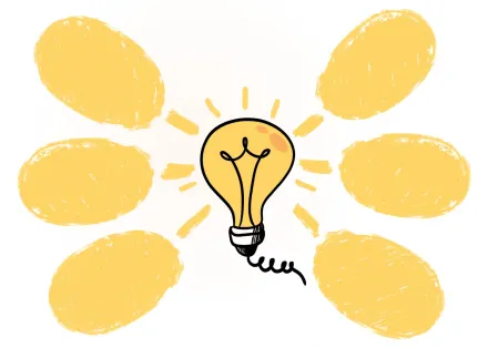 Illustration of a light bulb surrounded by idea bubbles.
