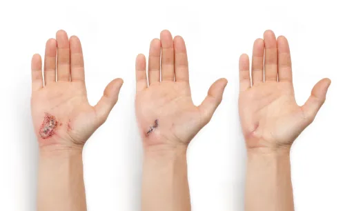 Three hands in a row: the first with a bloody wound, the second with a partially healed wound, and the third almost fully healed with a small scar.